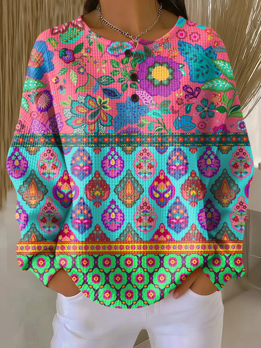 Sign Sweater with Ethnic Flower Stripes